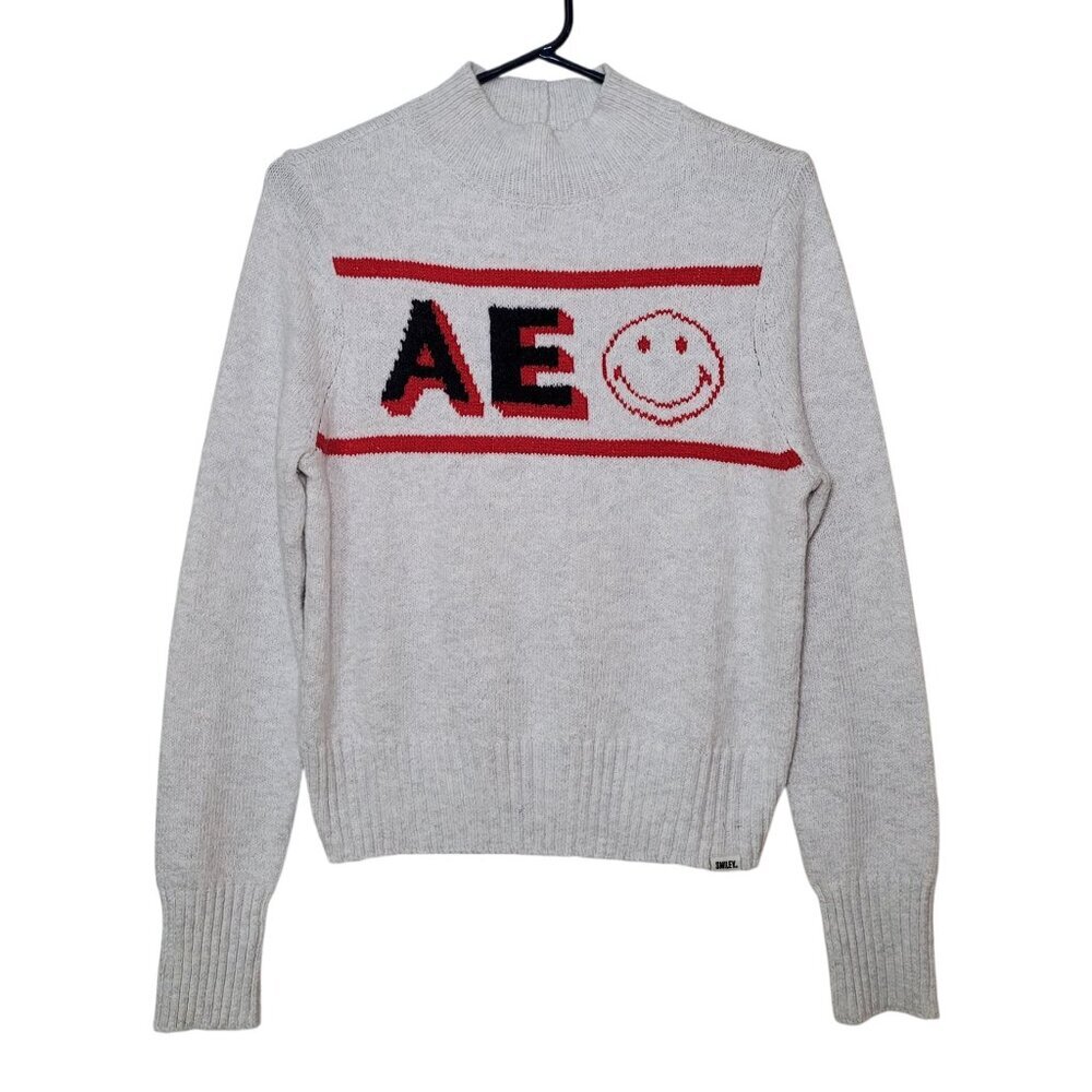 American Eagle Sweater AE Smiley Graphic Mock Neck Medium Coquette Preppy Y2K